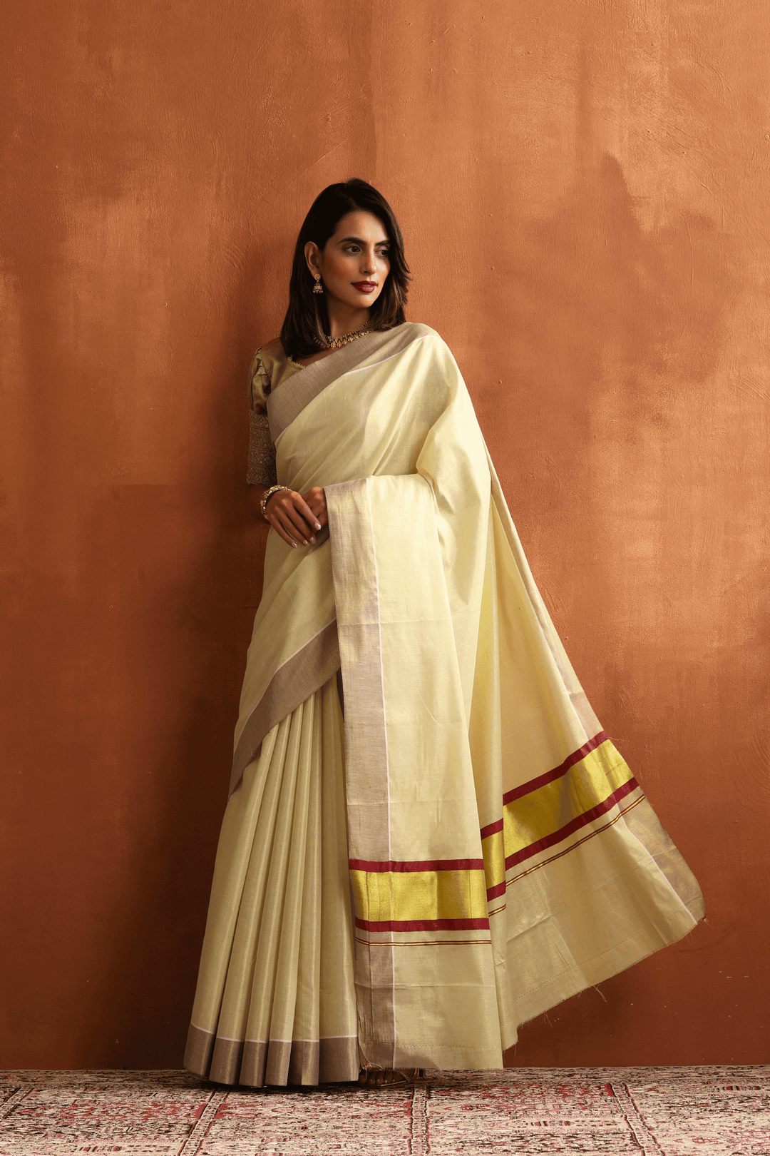 Ready to wear Kerala Kasavu saree with wide golden border, cotton, pre-stitched pleats – Glamwiz