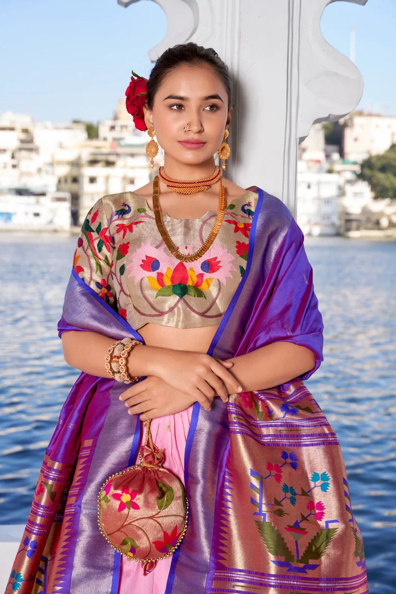 Traditional Paithani Lehenga Set with Raw Silk Maggam Work Blouse