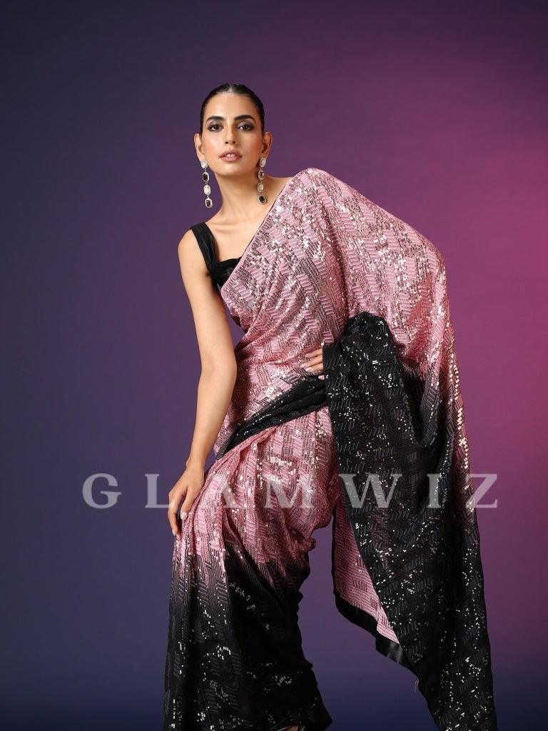 Champagne Black | Ombre Ready-to-Wear Sequins Saree - Glamwiz India