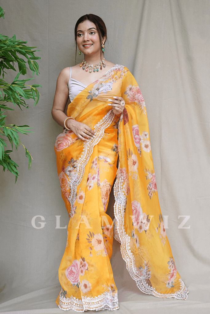 Floral Finesse | Ready-to-Wear Floral Organza Saree - Glamwiz India