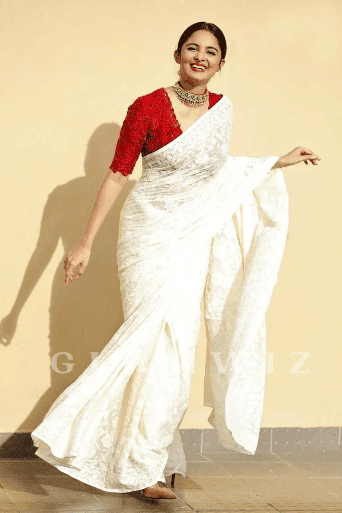 Ivory Georgette Ready to Wear White Saree - Glamwiz India