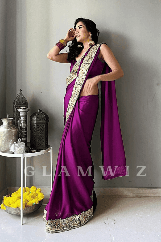 Pre-Stitched Satin Embellished Maroon Saree - Glamwiz India