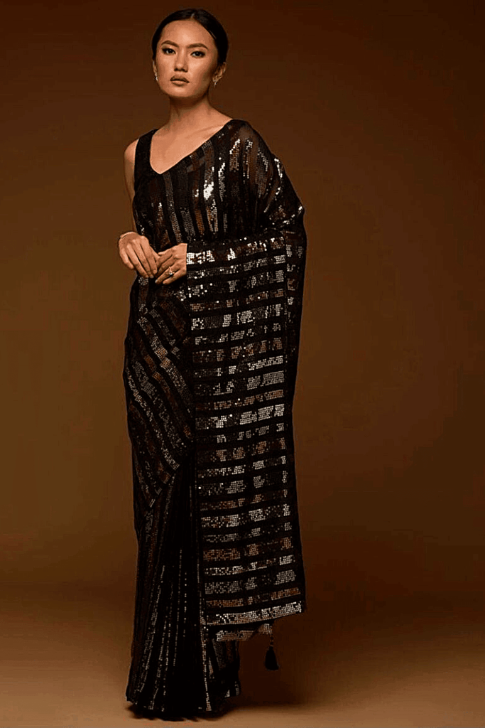 Pre-Stitched Striped Sequins Black Saree - Glamwiz India