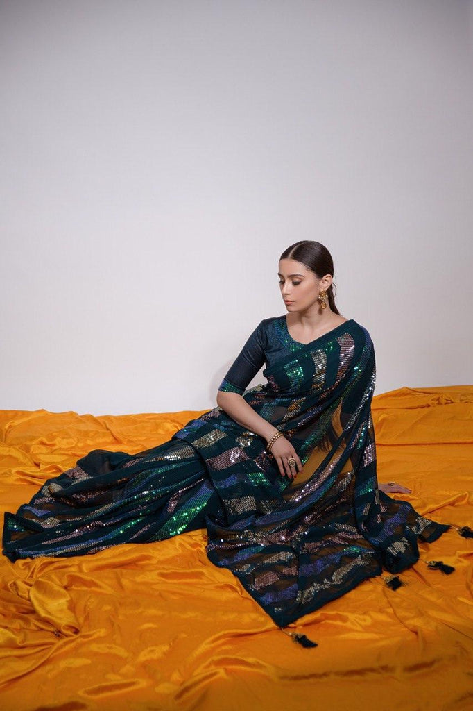 Rainbow Sparkle | Ready to Wear Striped Sequins Saree - Glamwiz India