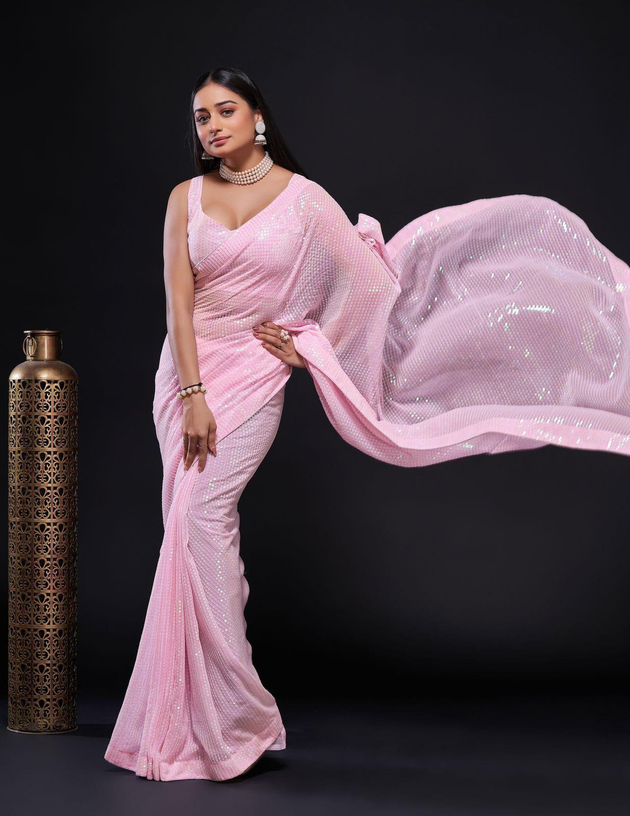 Rosé Shimmer  1-Minute Pink Sequins Saree – Glamwiz India