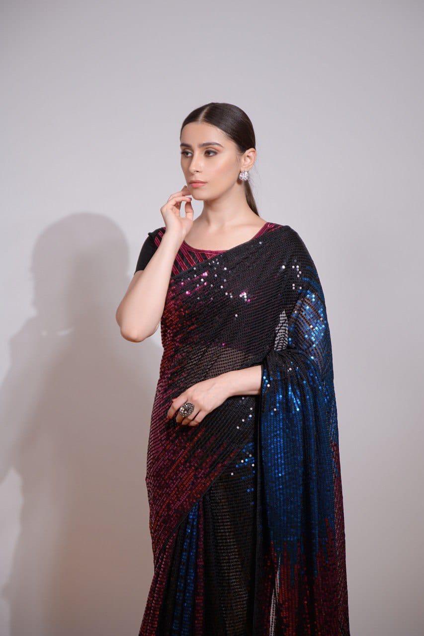 Scarlet Blue Mirage  Ready to Wear Black Sequins Saree – Glamwiz India