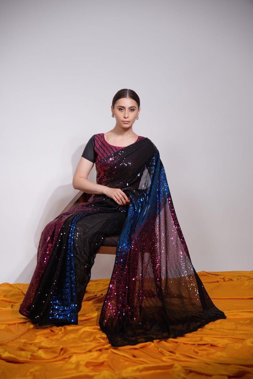 Scarlet Blue Mirage | Ready to Wear Black Sequins Saree - Glamwiz India