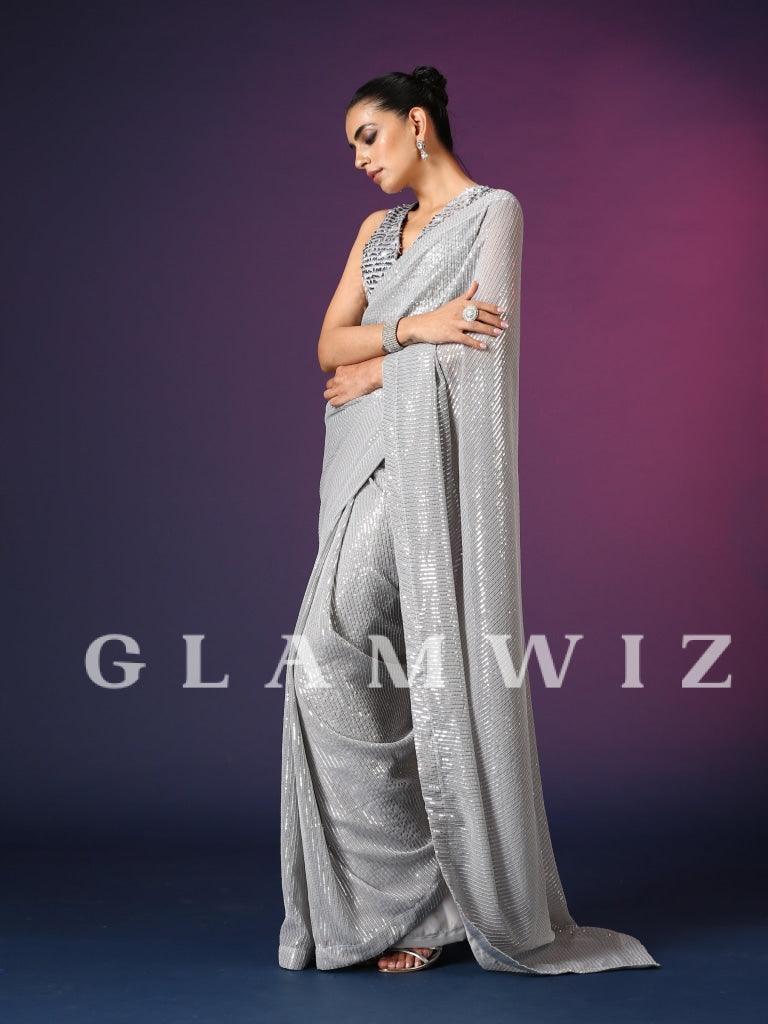 Silver Sparkle | Ready-to-Wear Sequins Saree - Glamwiz India