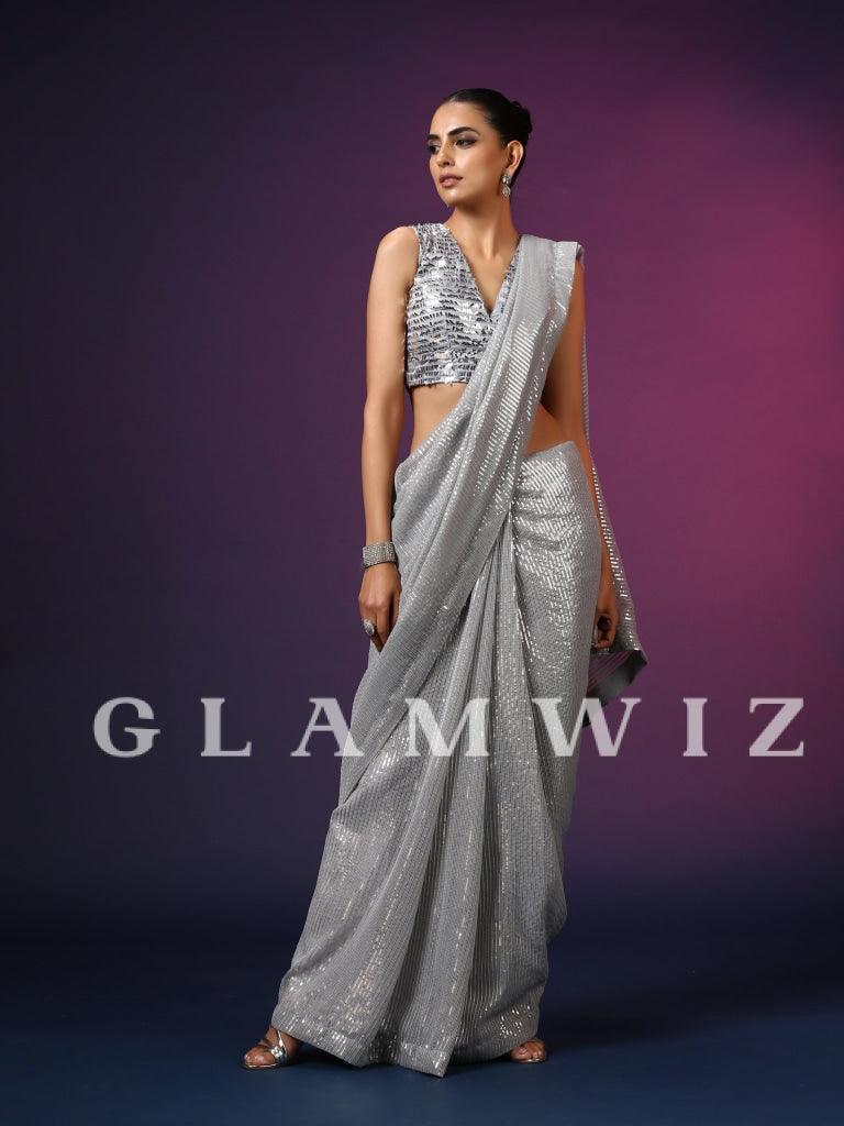 Silver Sparkle | Ready-to-Wear Sequins Saree - Glamwiz India