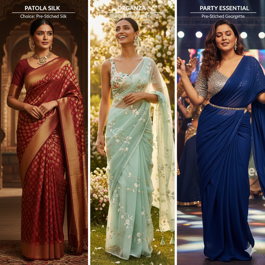 Organza vs. Silk vs. Georgette: Which Pre-Stitched Saree Should You Pick?