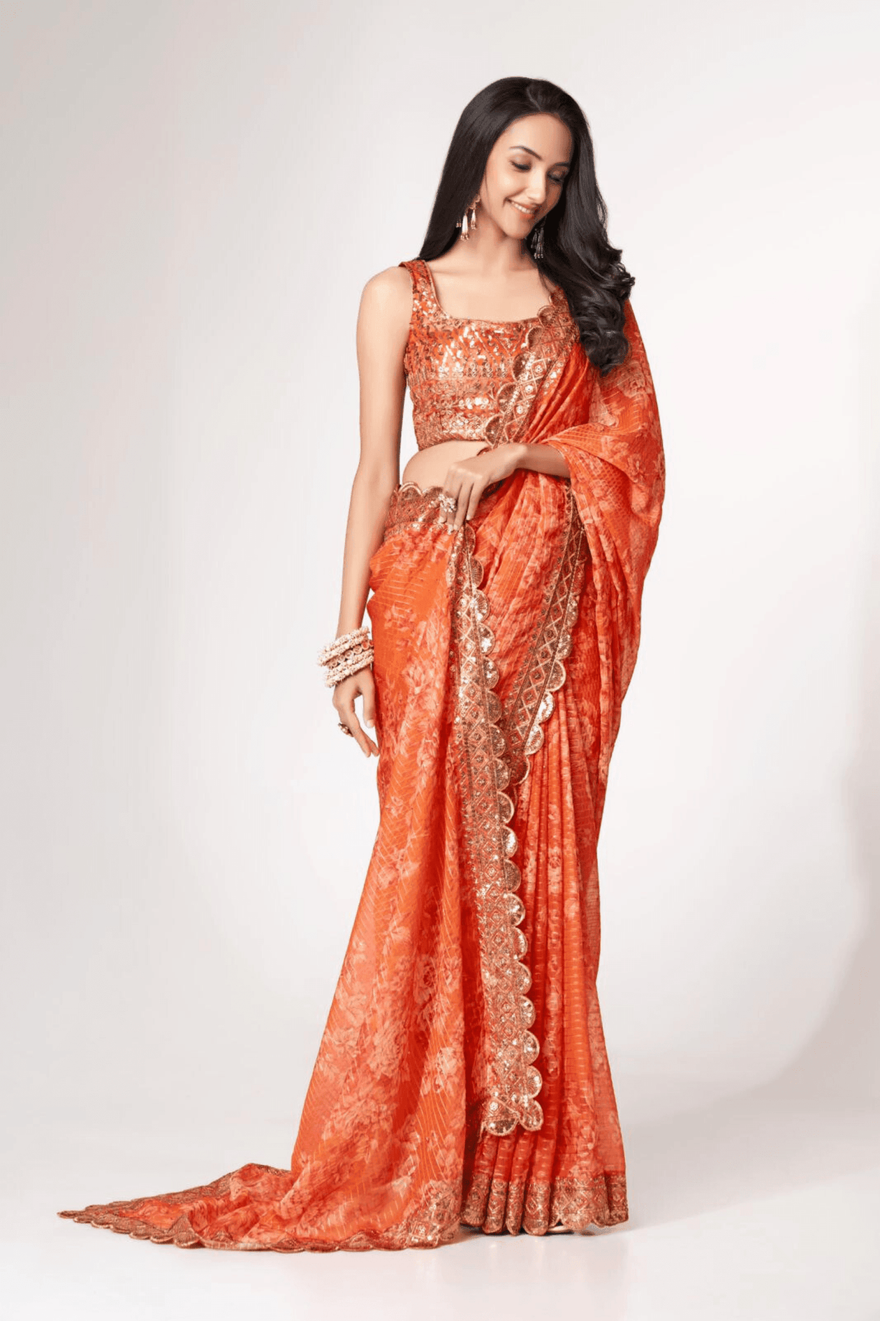 Ember Bloom | Ready to Wear Orange Floral Organza Saree