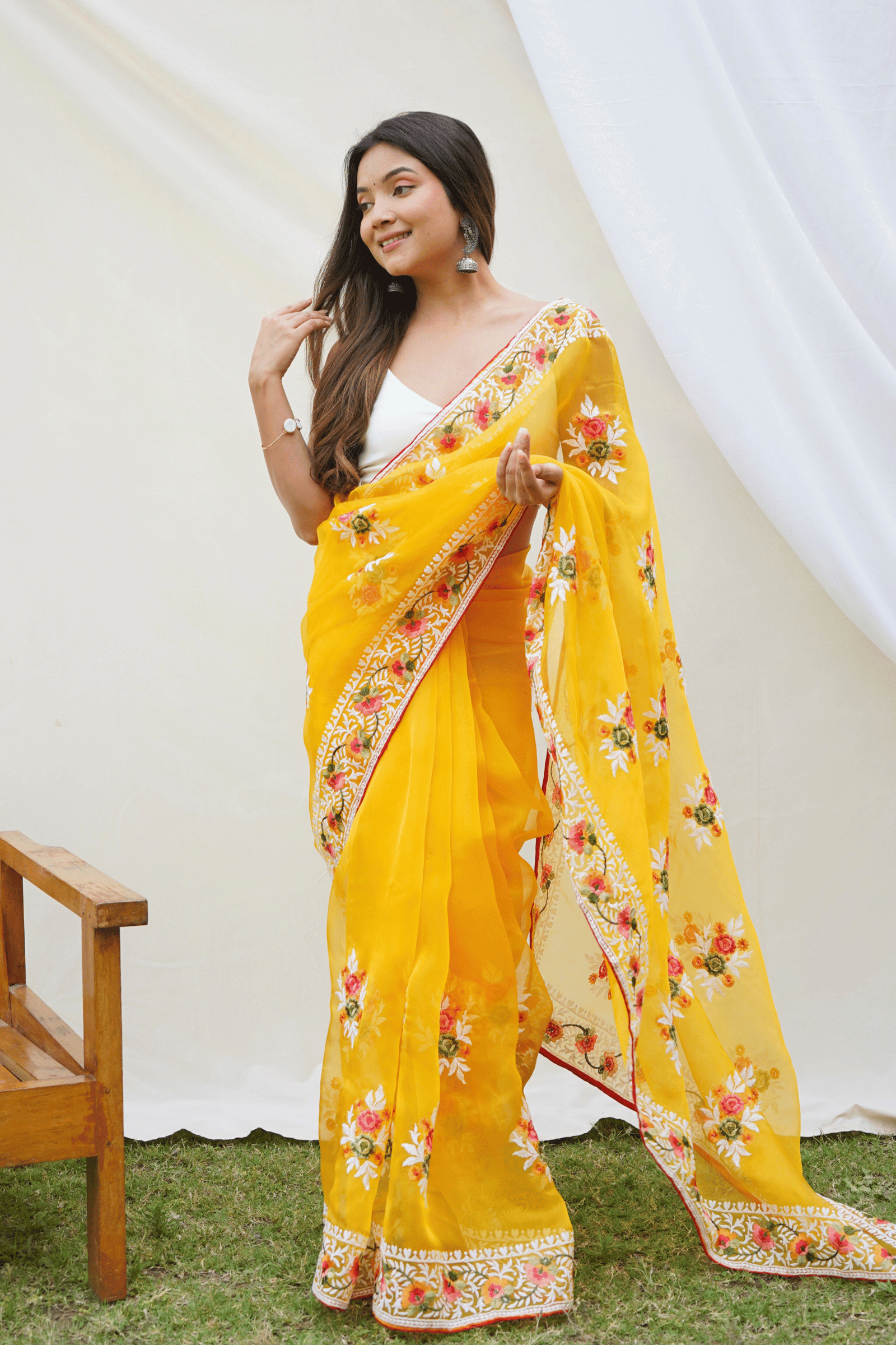 Floral Ready to Wear Embroidered Organza Saree – Glamwiz India