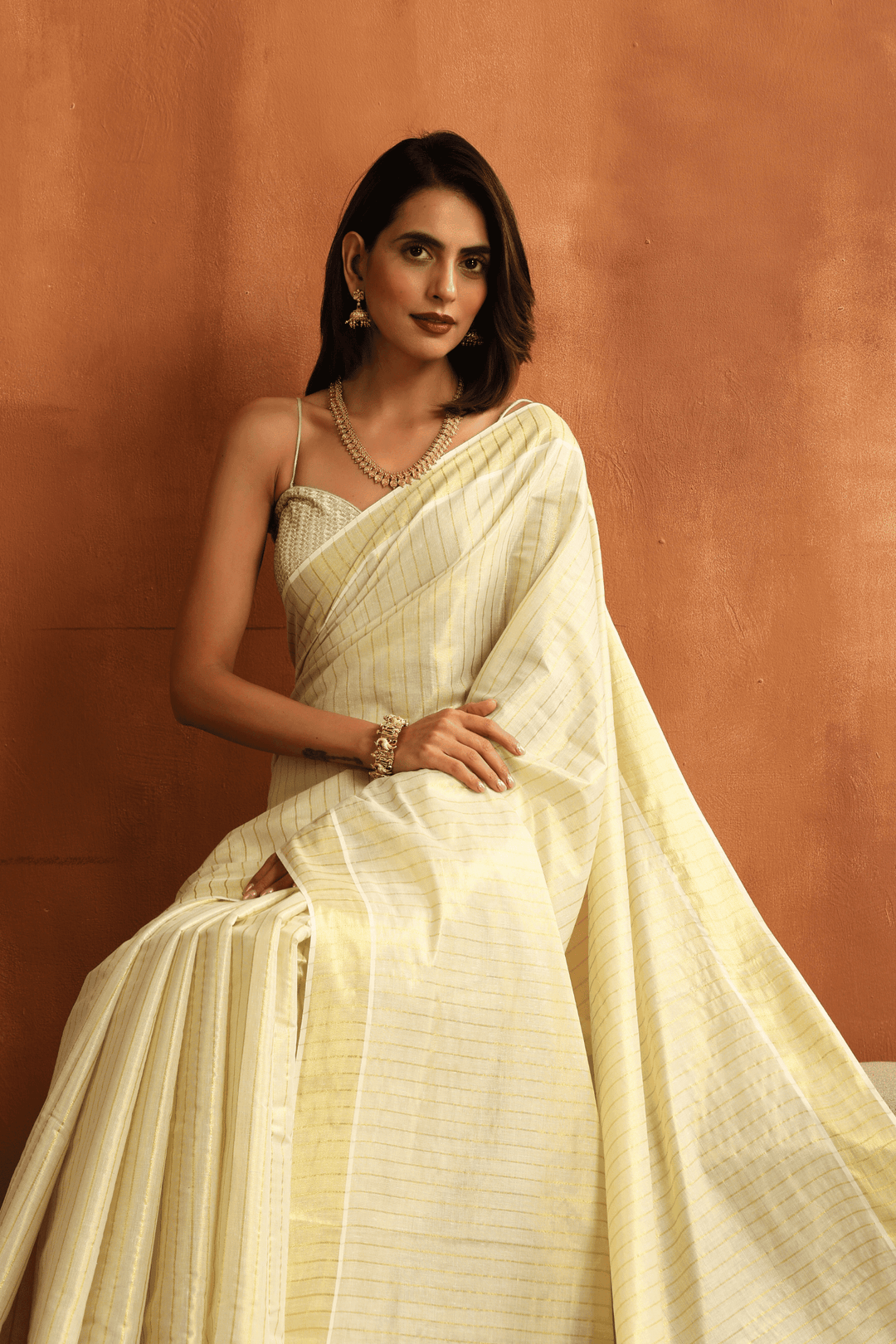 Ready to wear golden Kasavu saree with golden border, pre-stitched pleats – Glamwiz