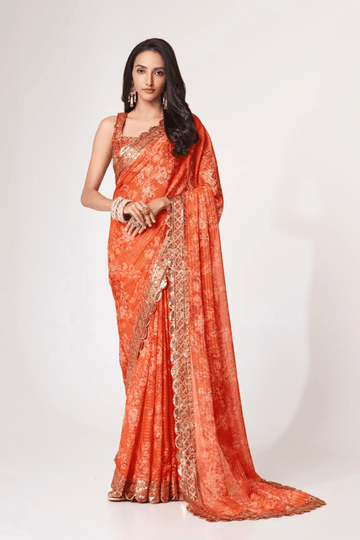 Ember Bloom | Ready to Wear Orange Floral Organza Saree