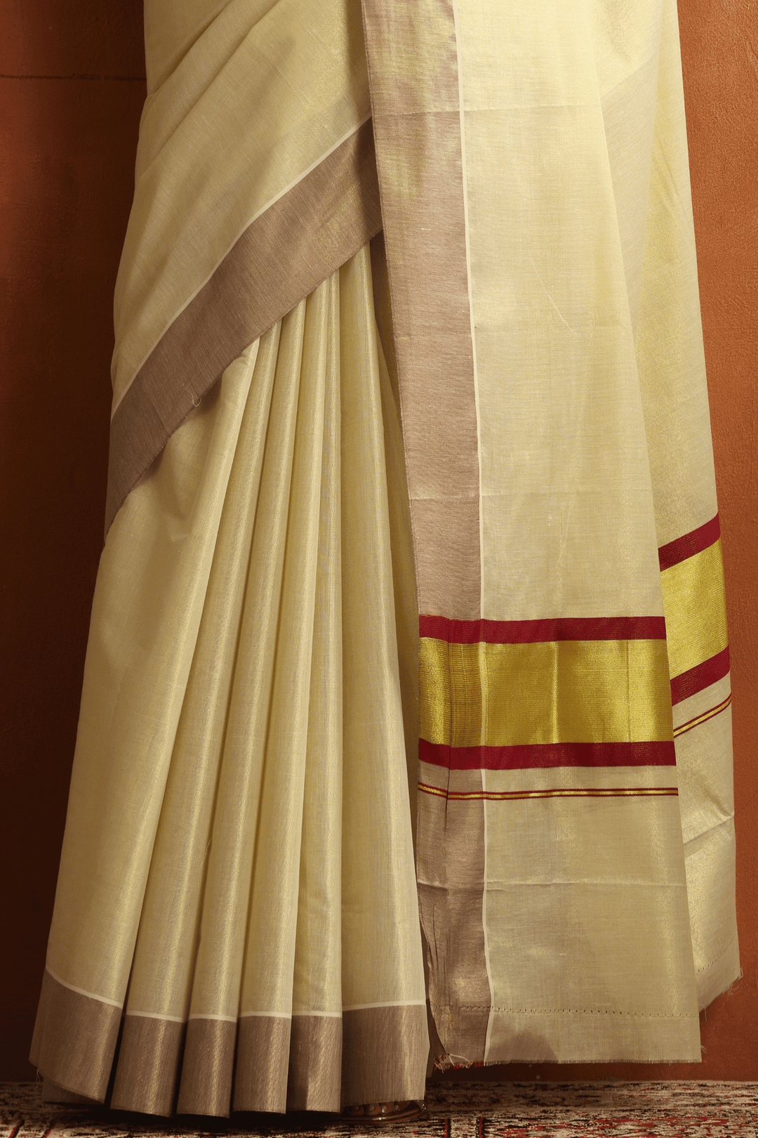 Ready to wear Kerala Kasavu saree with wide golden border, cotton, pre-stitched pleats – Glamwiz