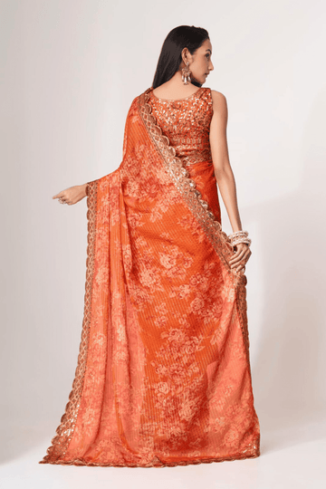 Ember Bloom | Ready to Wear Orange Floral Organza Saree