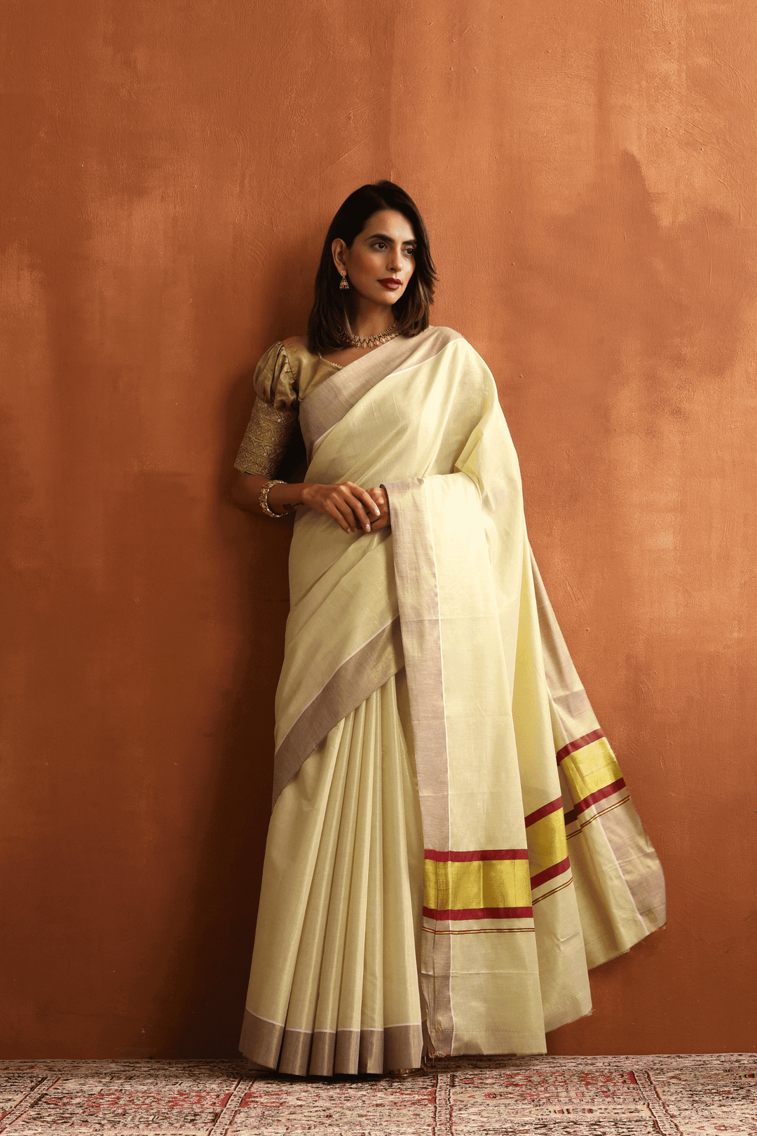 Pre Draped Kasavu saree with wide golden border, cotton, pre-stitched pleats – Glamwiz