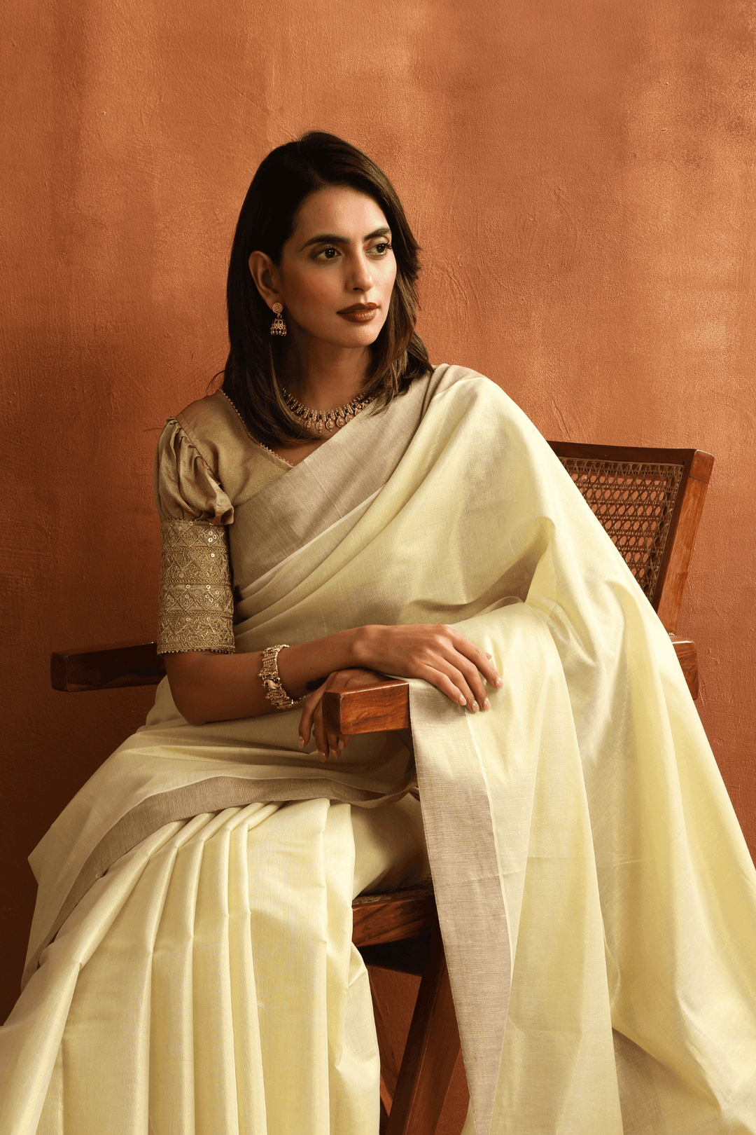 Ready to wear Kerala Kasavu saree with wide golden border, cotton, pre-stitched pleats – Glamwiz