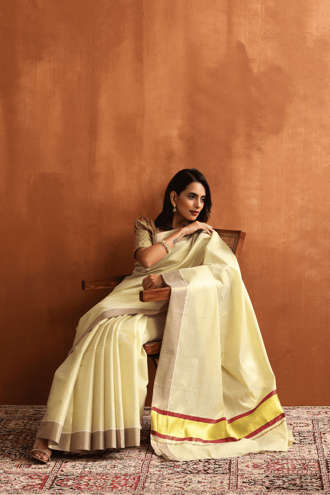 Ready to wear Kerala Kasavu saree with wide golden border, cotton, pre-stitched pleats – Glamwiz