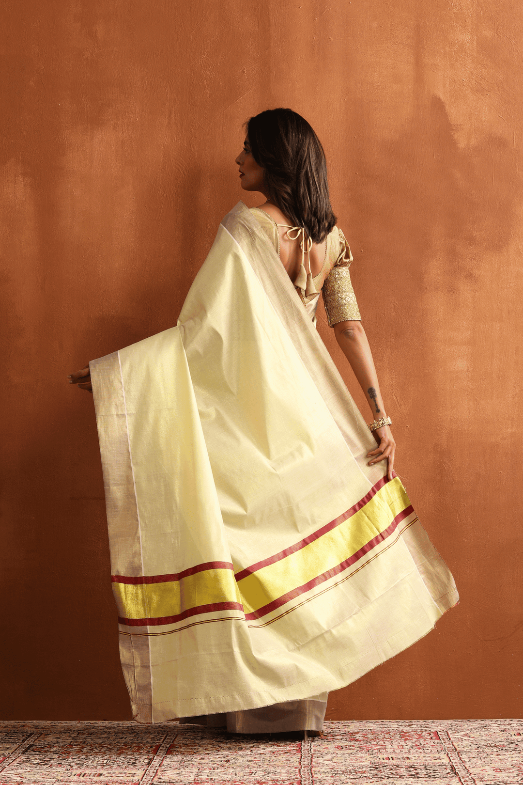 Ready to wear Kerala Kasavu saree with wide golden border, cotton, pre-stitched pleats – Glamwiz
