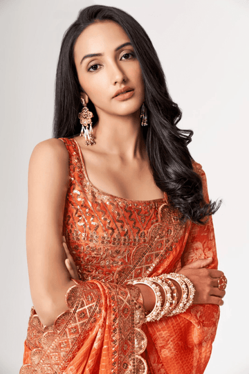Ember Bloom | Ready to Wear Orange Floral Organza Saree