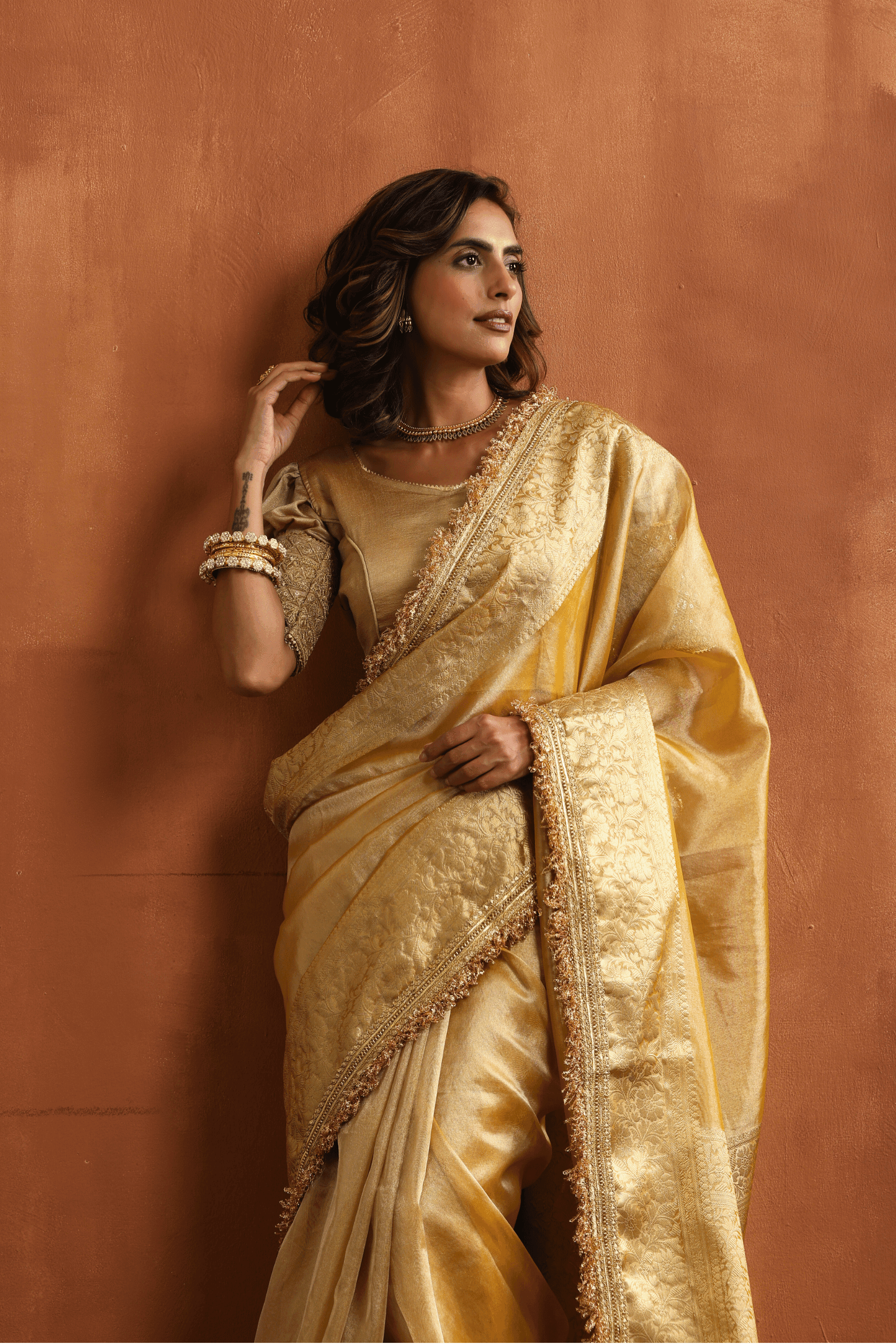 Indian Saree 2024 Sari Pre-stitched Pre-draped One Minute Party-wear Gold Beige Metallic Black