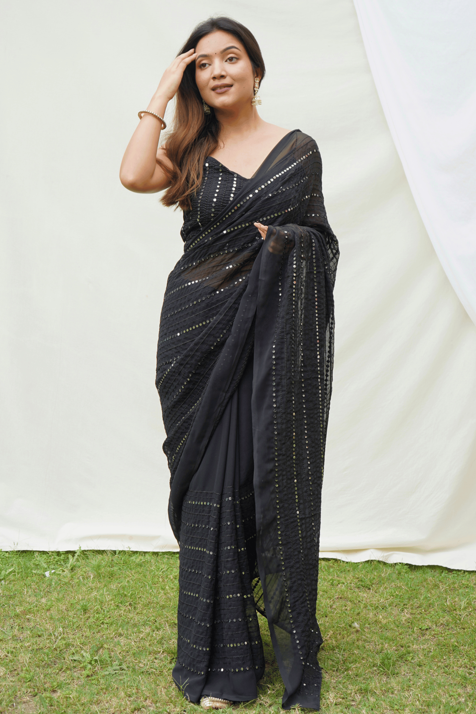 Sequins Embellished Ready to Wear Georgette Saree – Glamwiz India