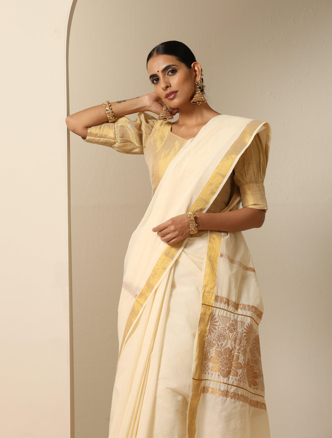 Ready to wear white cotton kasavu saree - Glamwiz