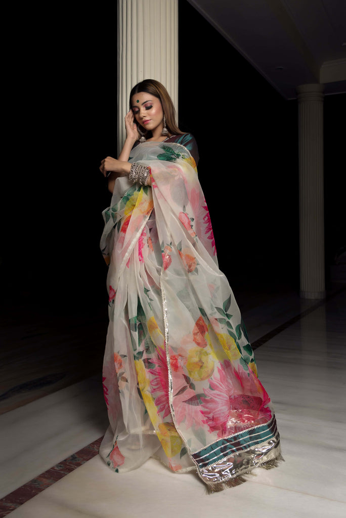 Organza Silk off white Saree with taffeta green blouse - Pomcha Jaipur