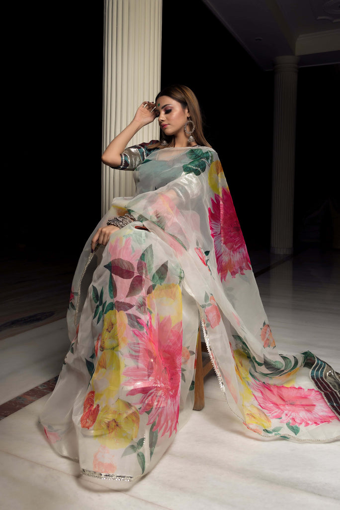 Organza Silk off white Saree with taffeta green blouse - Pomcha Jaipur