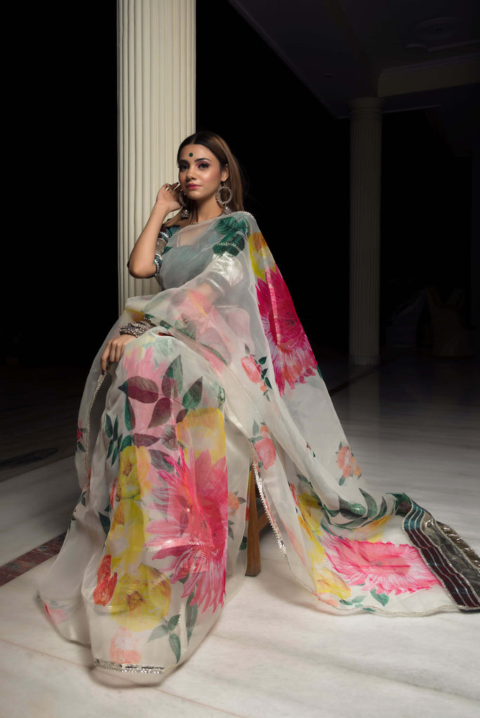 Organza Silk off white Saree with taffeta green blouse - Pomcha Jaipur