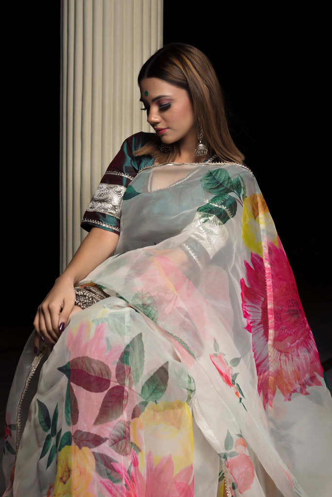 Organza Silk off white Saree with taffeta green blouse - Pomcha Jaipur