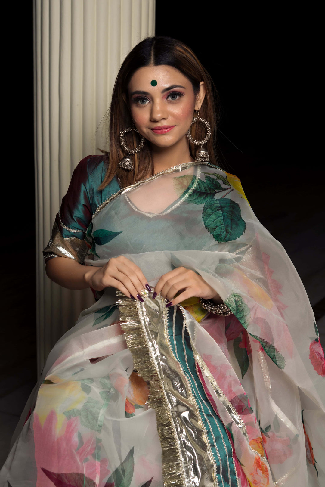 Organza Silk off white Saree with taffeta green blouse - Pomcha Jaipur