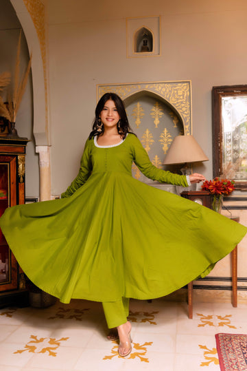 Parrot Green Pure Cotton Anarkali Set Parrot Green Pure Cotton Anarkali Set