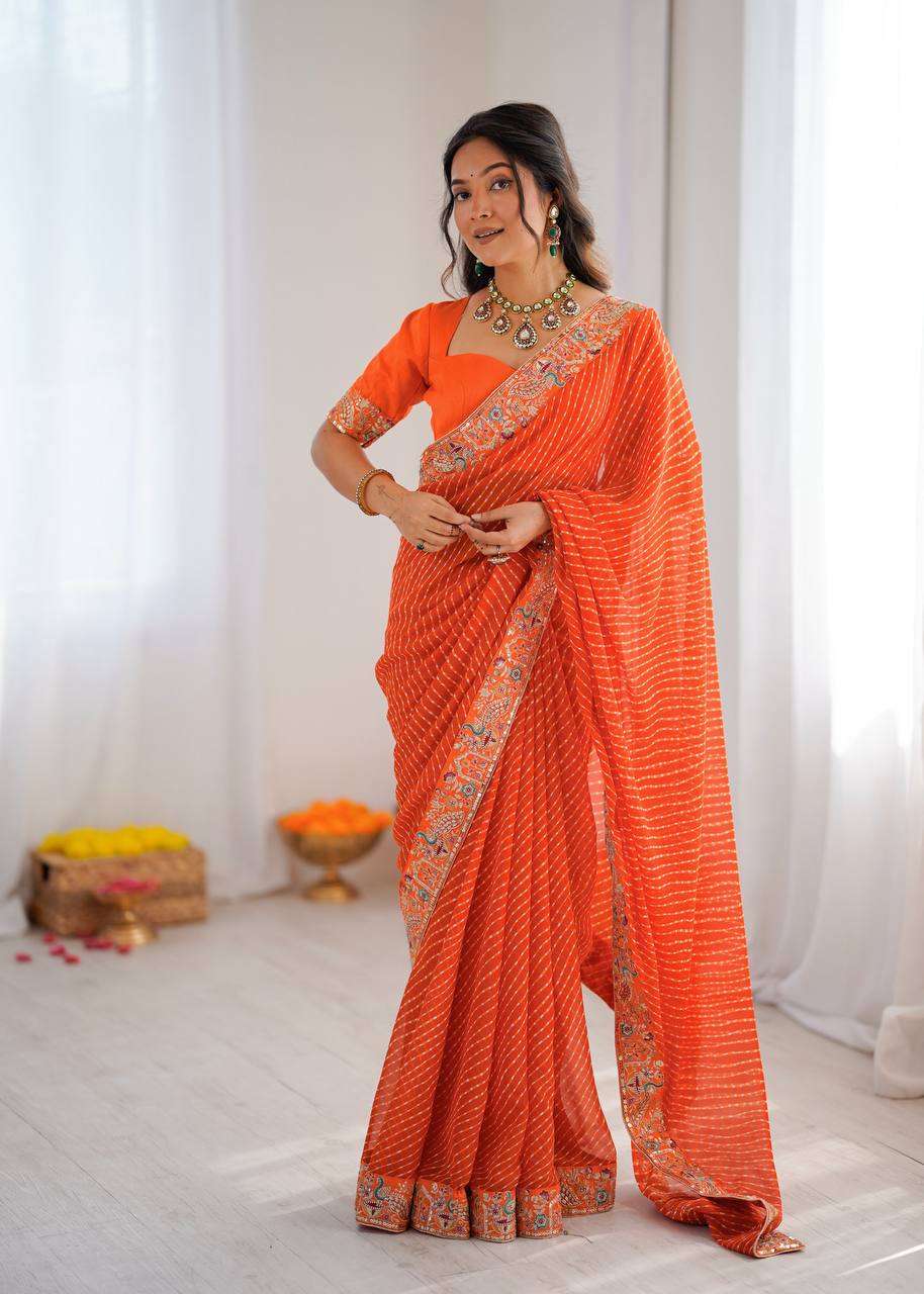 ready to wear orange bandhani saree