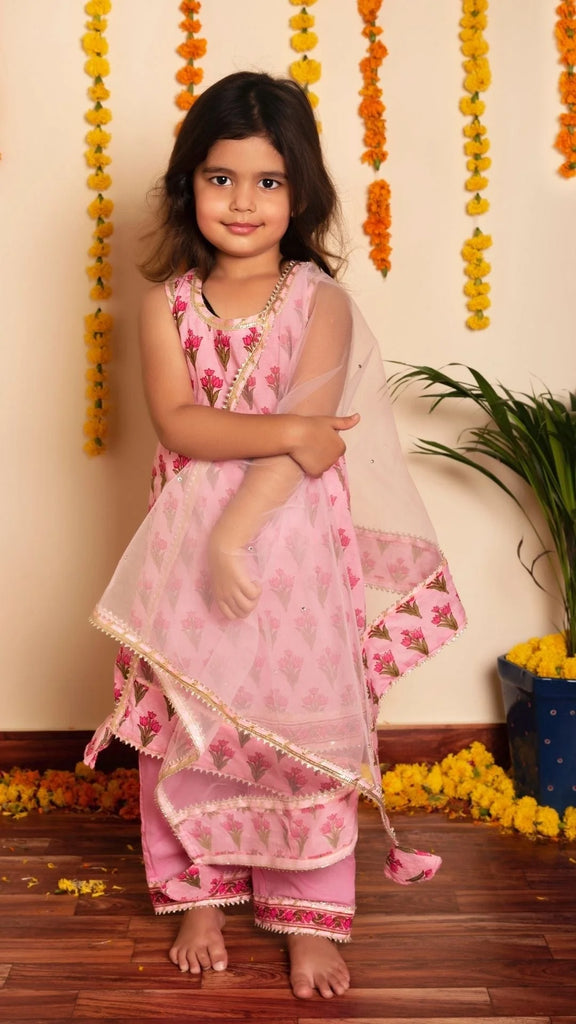 BACHPAN GULBHAR  PINK HAND BLOCK KURTA SET - Pomcha Jaipur