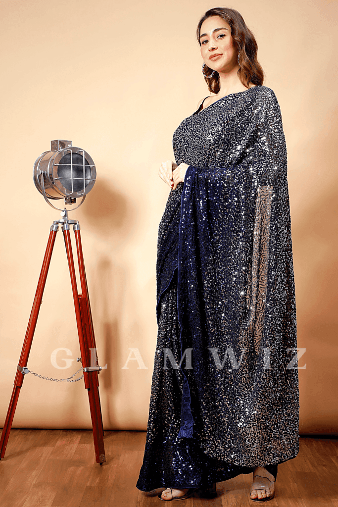Black Magic | Ready-to-Wear Sequin Georgette Saree - Glamwiz India