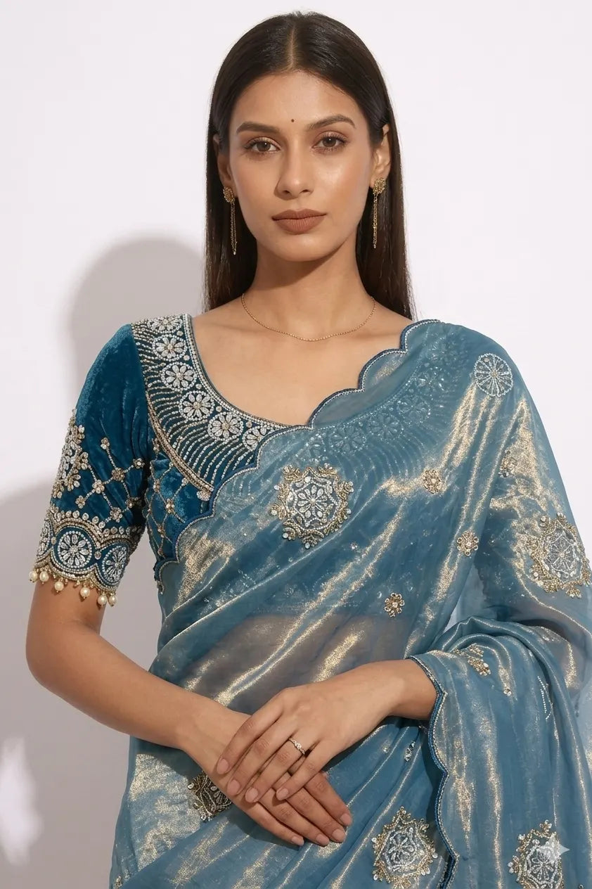 Ready to wear blue saree with stitched blouse