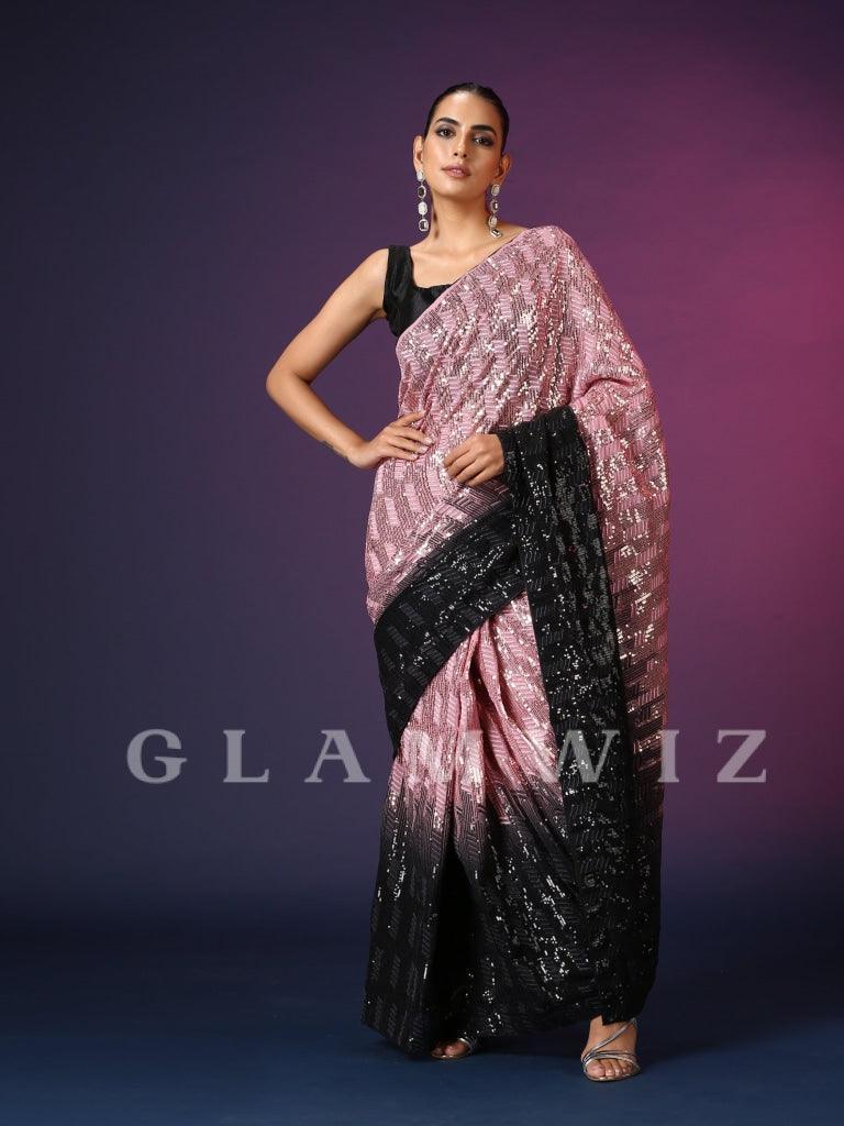 Champagne Black | Ombre Ready-to-Wear Sequins Saree - Glamwiz India
