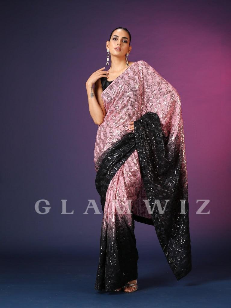 Champagne Black | Ombre Ready-to-Wear Sequins Saree - Glamwiz India