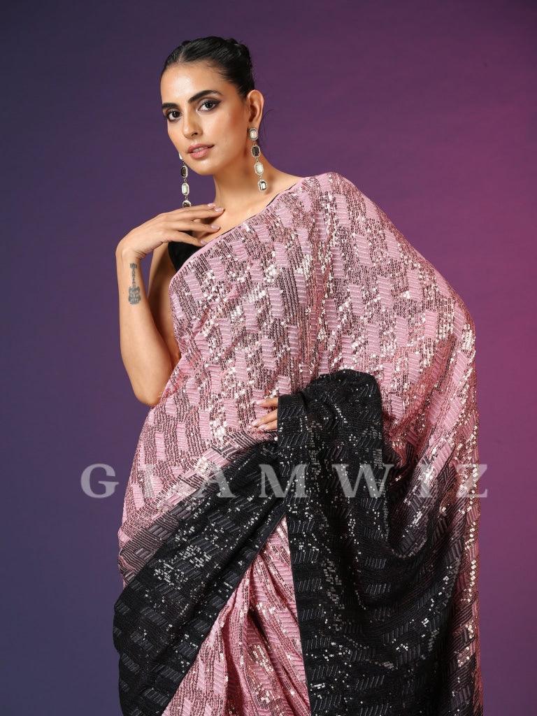 Champagne Black | Ombre Ready-to-Wear Sequins Saree - Glamwiz India