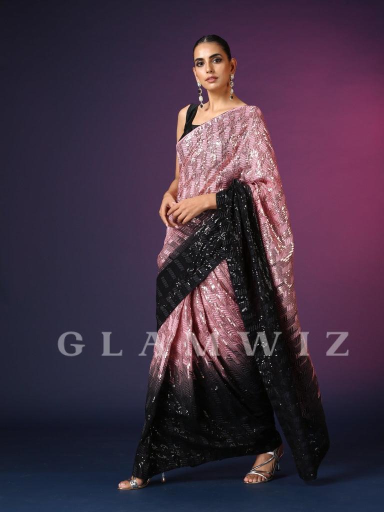 Champagne Black | Ombre Ready-to-Wear Sequins Saree - Glamwiz India