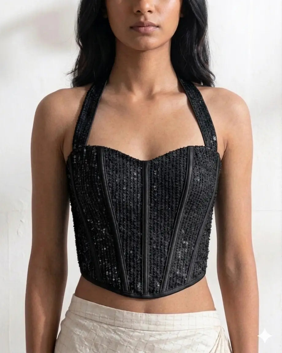 Black Sequin Party Corset Top - Shimmering Night Out Bustier for Women - Glamwiz Luxe