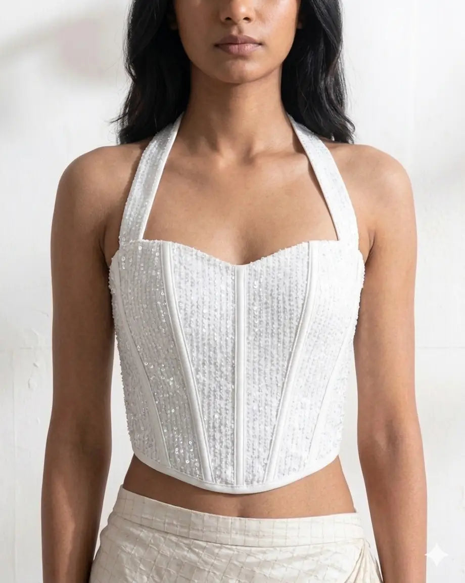 halter neck white sequins corset top , corset for plus size