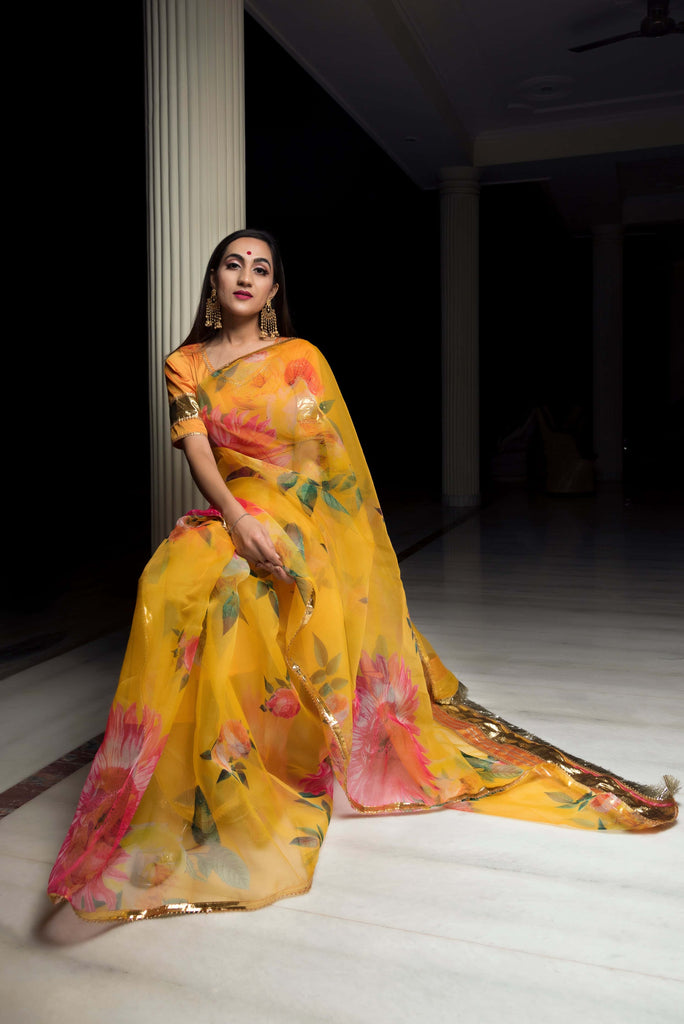 Organza Silk Yellow Saree - Pomcha Jaipur