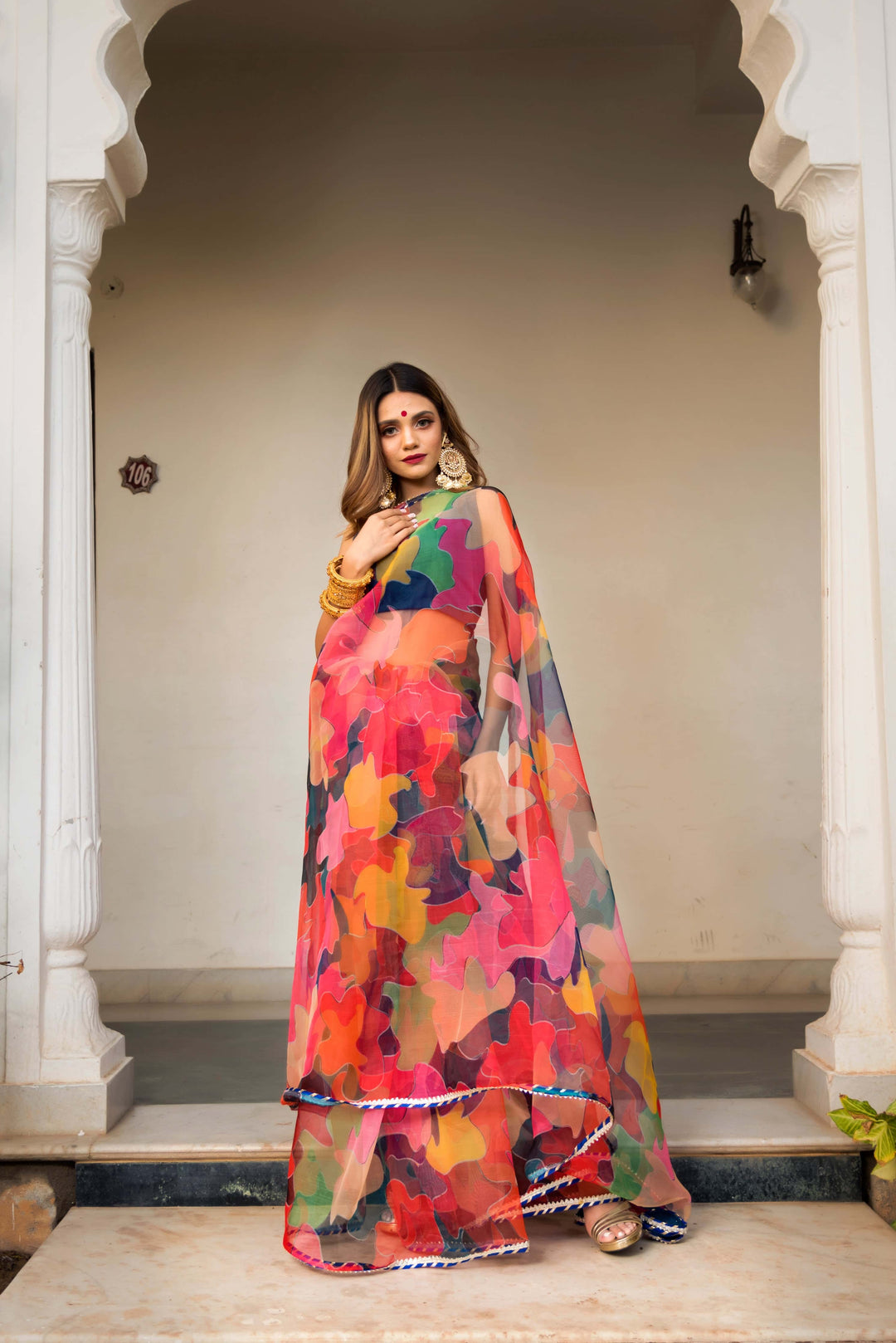 Multi-Color Organza Printed Saree - Pomcha Jaipur