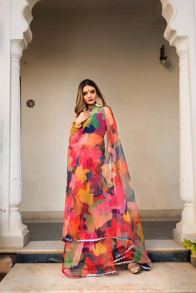 Multi-Color Organza Printed Saree - Pomcha Jaipur