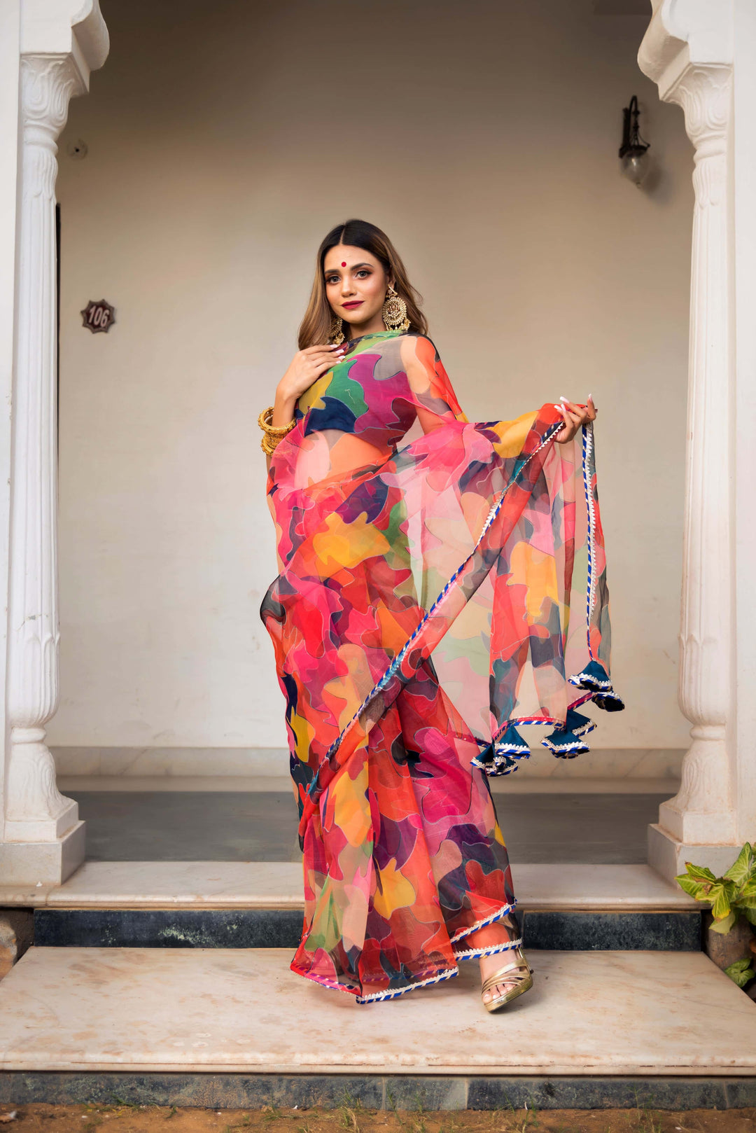 Multi-Color Organza Printed Saree - Pomcha Jaipur