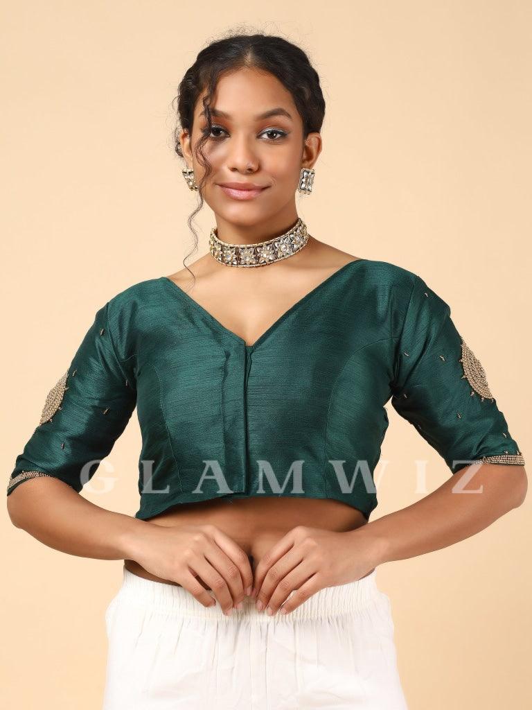 Deep Green Hand Embellished Readymade Blouse Embroidered Blouse