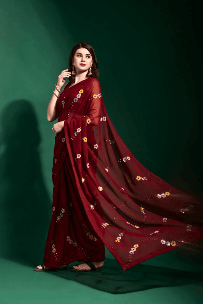 Deep Red Embroidered Ready to Wear Georgette Saree - Glamwiz India